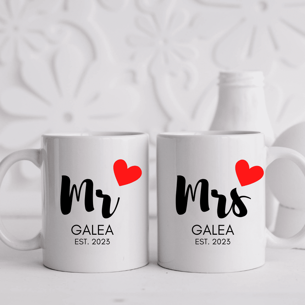 Mr & Mrs – Personalised with Surname & Date Mug Set