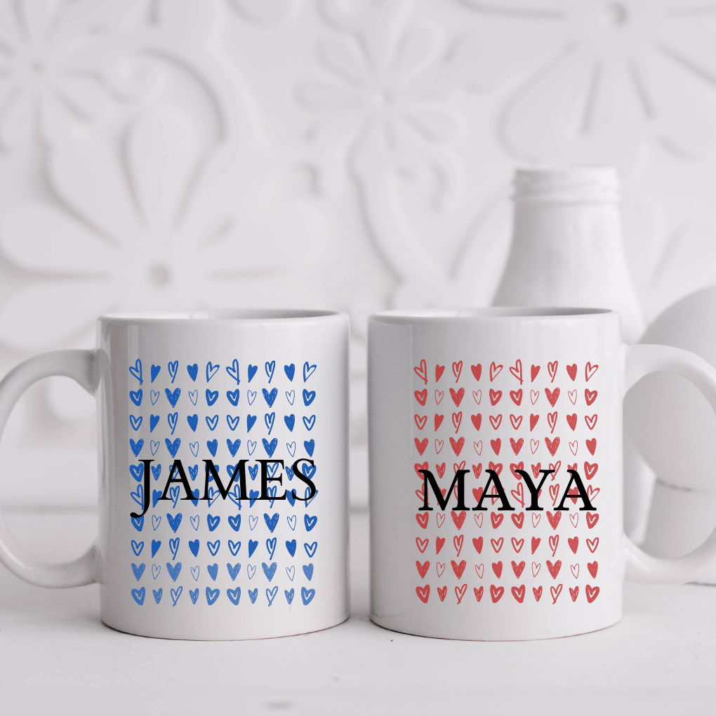 Red & Blue Hearts – Personalised with Names Mug Set