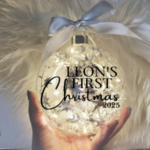 Light Up Silver, Baby’s First Christmas Personalised – 12cm Glass Bauble