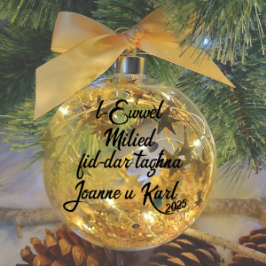 L-Ewwel Milied fid-Dar Tagħna, Personalised with Name – 12cm Gold Glass Bauble
