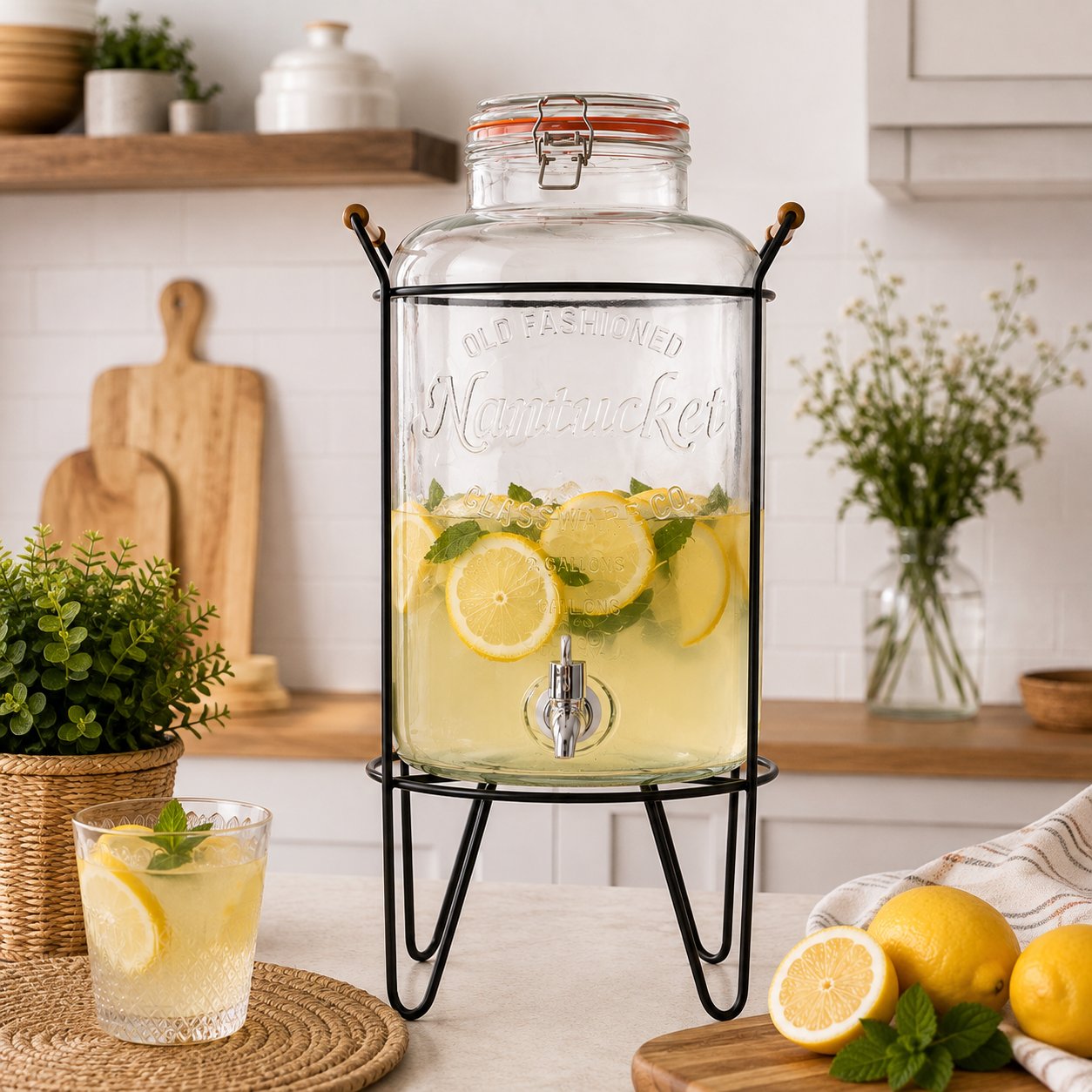 Vintage Style Glass Juice Dispenser on Metal Stand