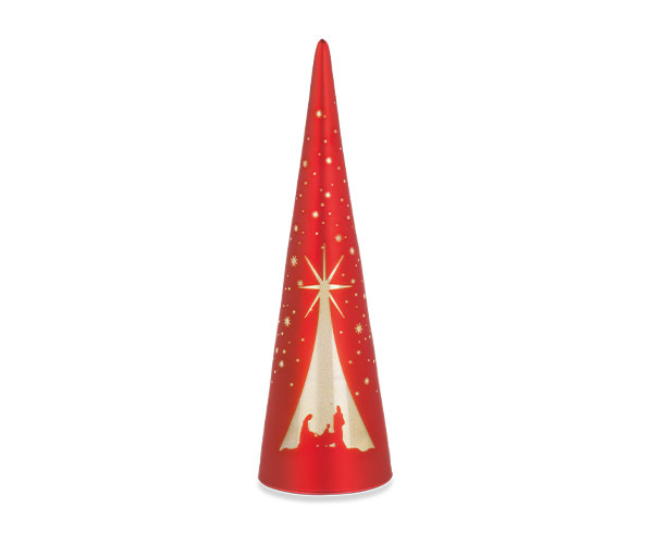 Red Glass LED Nativity Christmas Cone